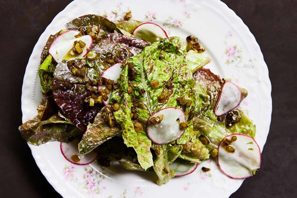 Pickled garlic scape and radish salad with green goddess dressing