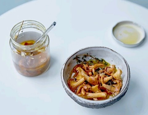 Pickled girolles and sorrel potato salad