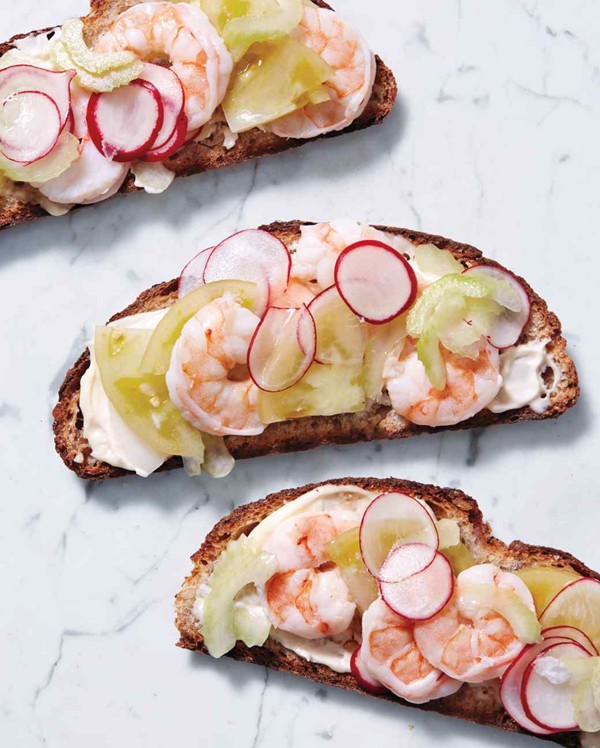 Pickled green tomatoes and shrimp toast