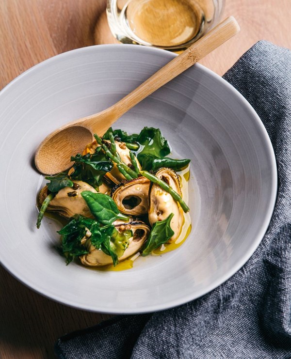 Pickled greenshell mussels with coastal vegetables