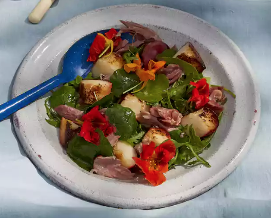 Pickled ham, grilled peaches and nasturtium salad