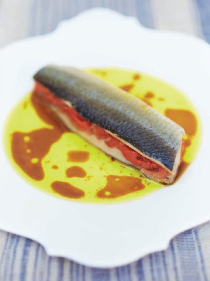 Pickled herring with red pepper marmalade and shellfish dressing
