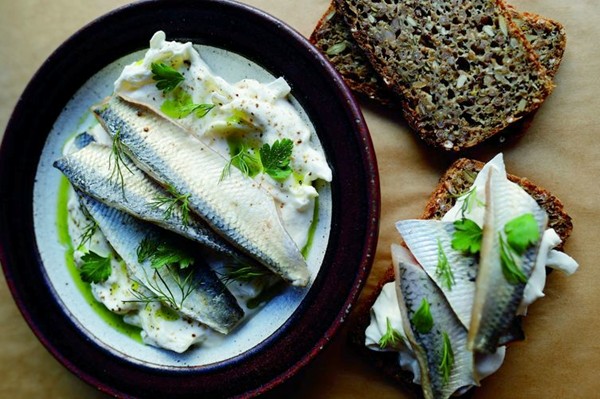 Pickled herring with sour cream and onions