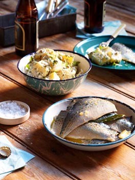 Pickled mackerel with Dutch cream potato and cress salad