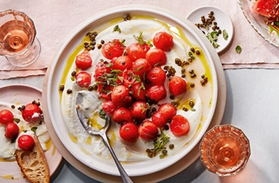 Pickled melon with whipped feta & fried capers