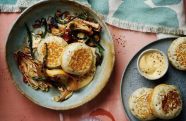 Pickled mushroom crumpets with wattleseed Hollandaise