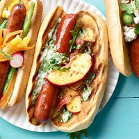 Pickled peach and bacon dogs with arugula mayo