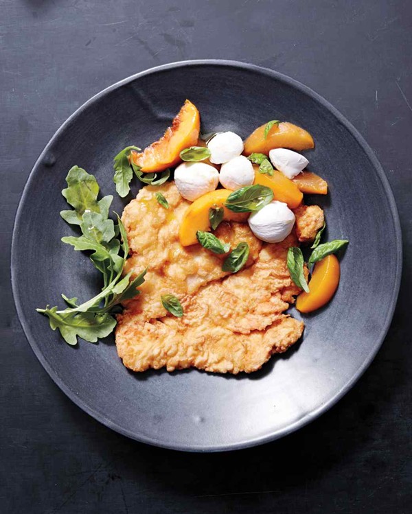 Pickled-peach and mozzarella salad with fried chicken cutlets
