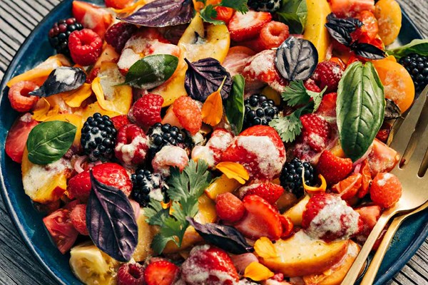 Pickled peach and roasted tomato salad with coconut dressing