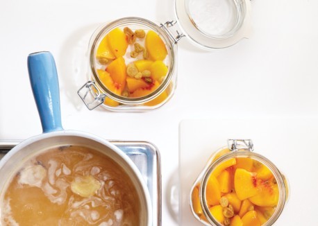 Pickled peaches and golden raisins