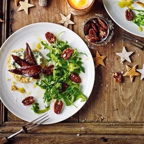 Pickled pear, caramelised pecan and Stilton tartlets