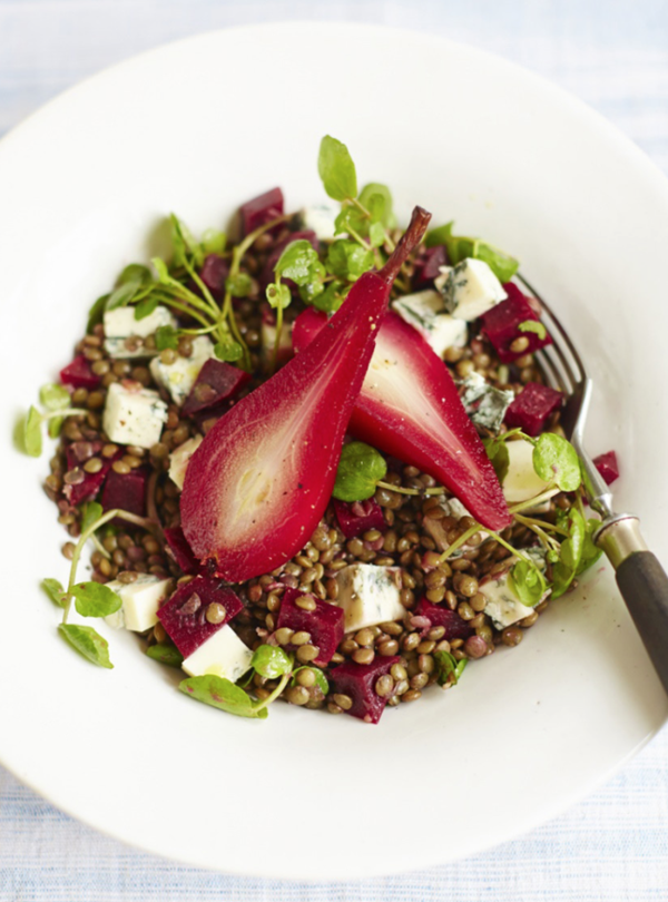 Pickled pear, lentil and Gorgonzola salad