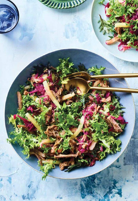 Pickled pineapple and confit duck salad with sweet and sour dressing