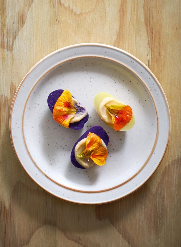 Pickled potatoes with whipped turnip, nasturtium & chilli