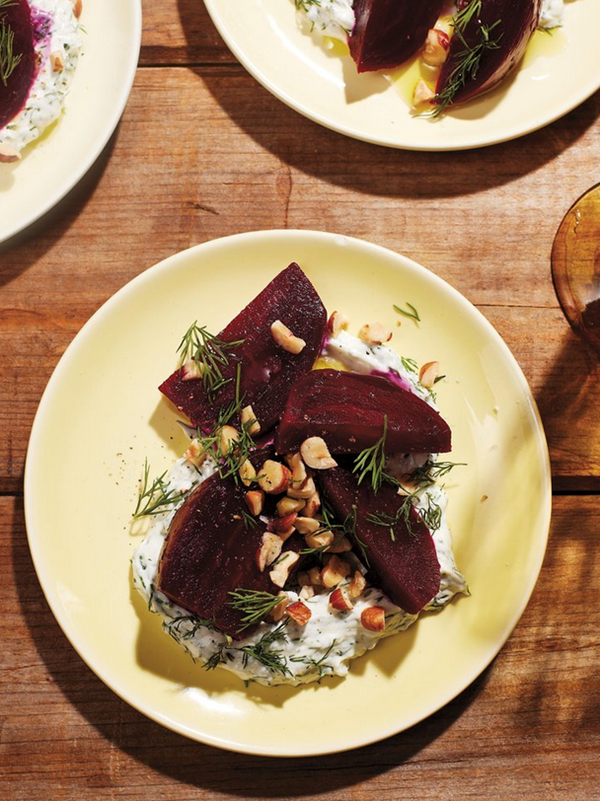Pickled red beets with thick yogurt & hazelnuts