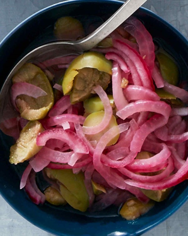 Pickled red onions and olives