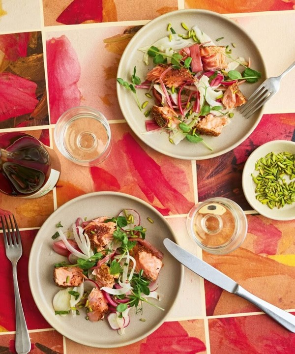 Pickled rhubarb & fennel salad with salmon & pistachios