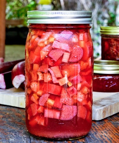 Pickled rhubarb with celery, strawberries, and black pepper