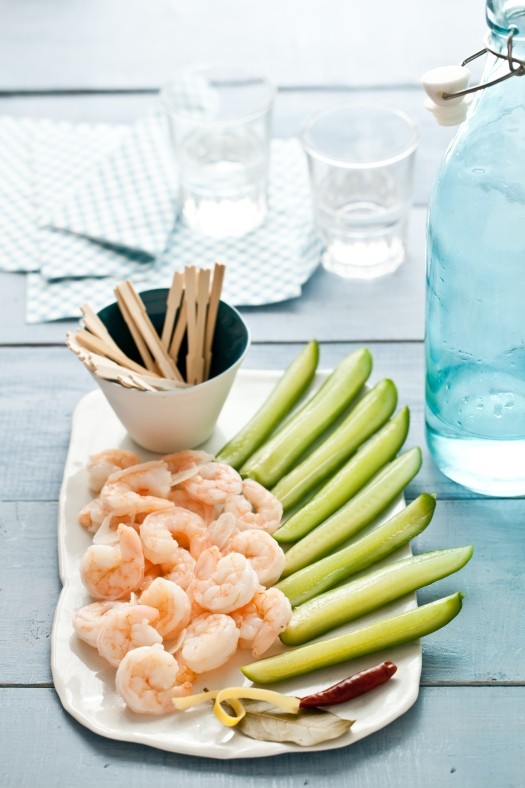 Pickled shrimp with cucumber spears