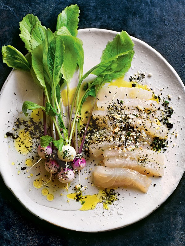 Pickled turnip and snapper salad with puffed rice, wakame and toasted sesame