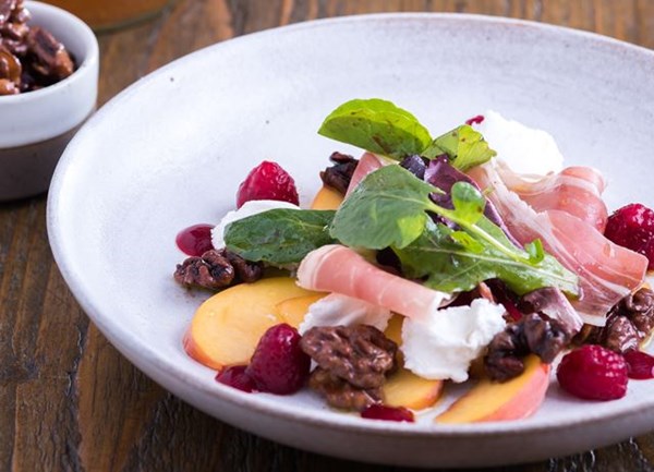 Pickled walnuts, goat's curd, smoked Kelmscott cured ham, peach and raspberry salad