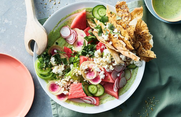 Pickled watermelon and radish salad with flatbread crisps
