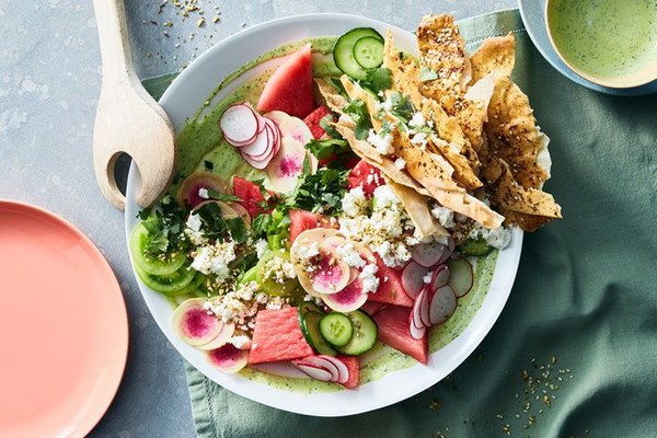 Pickled watermelon salad with flatbread crisps