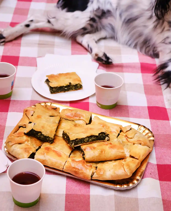 Picnic pie with greens and Parmesan