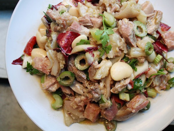 Pig parts salad with radicchio and olives
