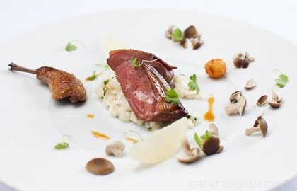 Pigeon and Roquefort risotto, Asian pear and mushrooms à la Grecque