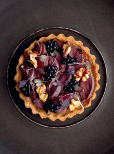 Pigeon, chicory and blackberry tarts