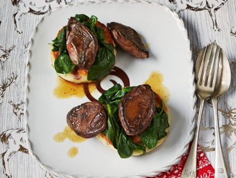 Pigeon, spinach, potato cake and hot pepper jelly gravy