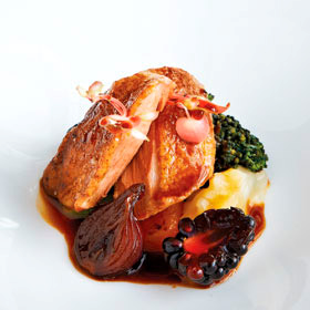 Pigeon with roasted pumpkin, Granny Smith applesauce & juniper game sauce