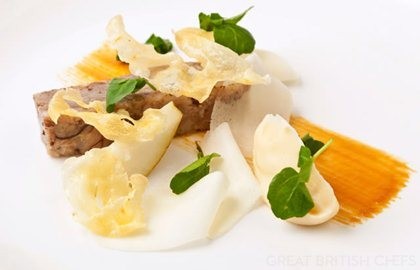 Pig's head terrine with parsnip toffee, pear, cumin and watercress