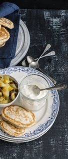 Pikelets with pear and ginger compôte