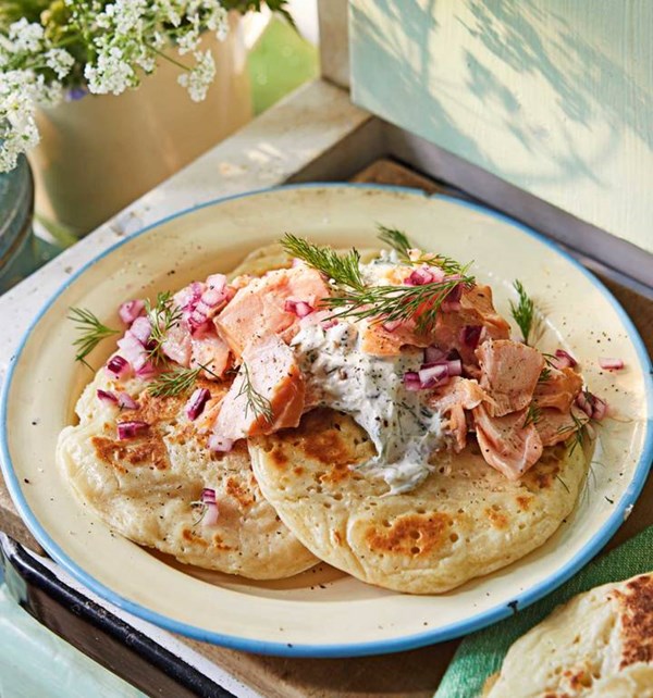 Pikelets with smoked trout and a horseradish caper crème fraîche