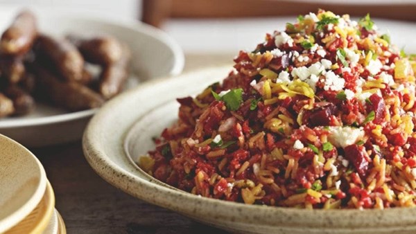 Pilaf of beetroot, feta and turmeric
