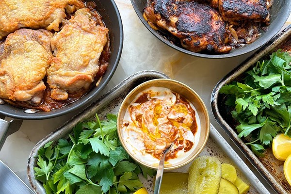 Pilpelchuma chicken thighs with soured cream and pickles