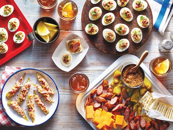 Pimiento cheese-stuffed pickled okra