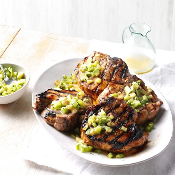 Pina colada pork chops with tropical fruit salsa