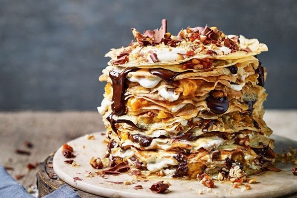 Pine nut & orange crespelle tower