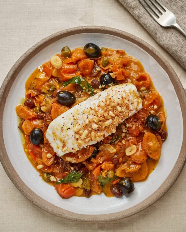 Pine nut cod with caponata sauce