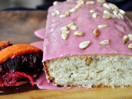 Pine nut pound cake with blood orange glaze