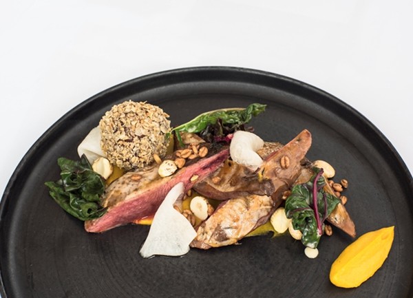 Pine-scented grouse with cobnuts, haggis, neeps 'n' tatties