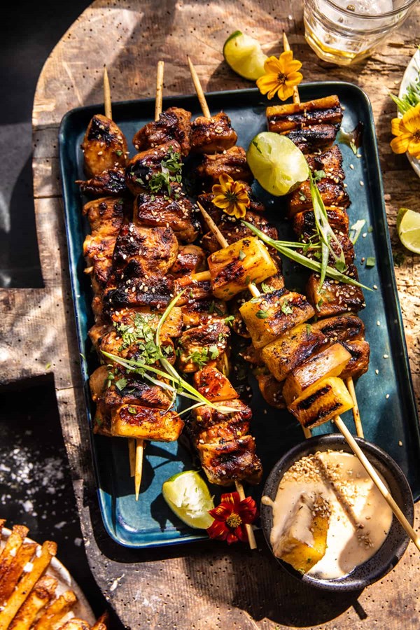Pineapple adobo chicken skewers