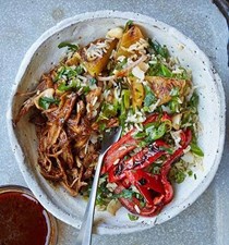 Pineapple and cashew rice salad with hula pork and roast peppers