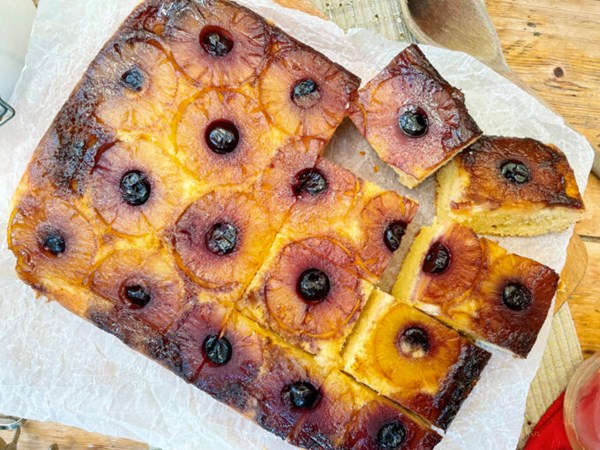 Pineapple and cherry upside down traybake