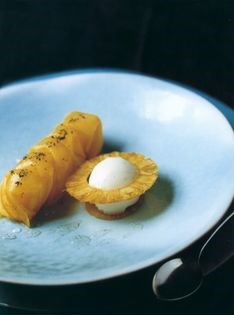 Pineapple carpaccio with fromage frais and lime sorbet