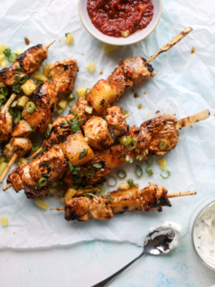 Pineapple chili chicken skewers with garlic chive dip