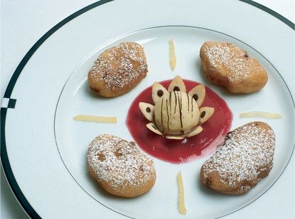 Pineapple fritters with gingered pineapple frozen yogurt